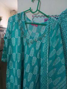 Teal Leaf Print Kurta Set with Dupatta