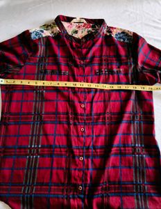 Red Plaid Button-Up Shirt with Floral Accents