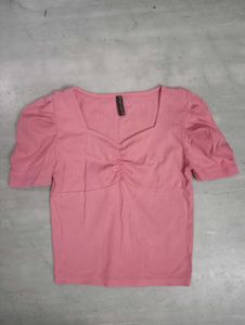 Pink Puff Sleeve Ribbed Top