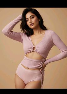 Ribbed Pink Cut-Out Long Sleeve Top & Shorts Set