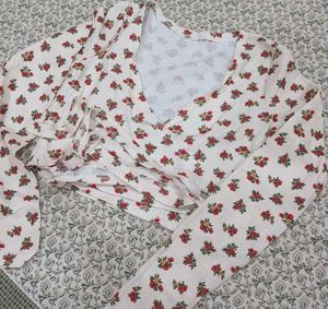 Cream Floral Print Textured Top
