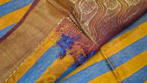 Elegant Yellow &amp; Grey Striped Saree