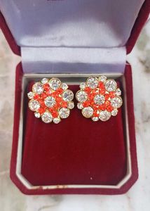 Stunning Orange &amp; Crystal Flower Earrings