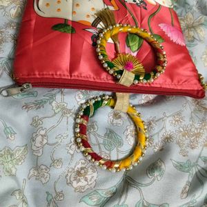 Handcrafted Cow &amp; Lotus Print Clutch Bag