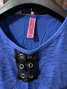 Blue Textured Top with Eyelet Detail