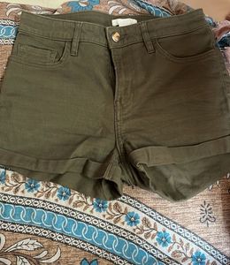 Olive Green Cuffed Denim Shorts