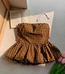 Gingham Ruffle brown Peplum Top