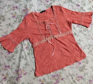 Coral Lace Trimmed Peasant Top