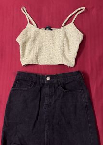 Cute floral crop top and denim skirt set