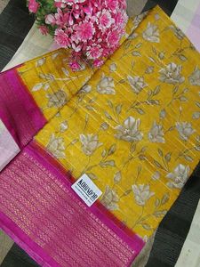 Yellow Floral Saree with Pink Border