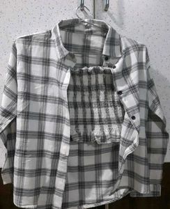 Plaid Shirt and Smocked Crop Top Set