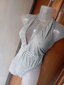 Grey Plunging Neck Bodysuit