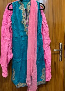 Teal Kurta Set with Pink Dupatta &amp; patiyala pant
