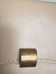 chic nude color side bag with golden buckle