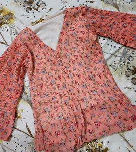 Chic Floral Pleated Bell Sleeve Top