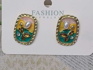 Unique Enamel Floral Earrings with Pearl Accent