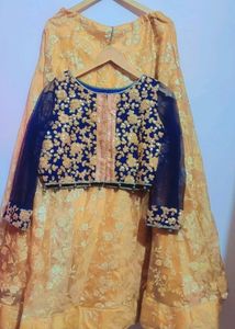 Navy Blue Top & Golden Skirt Set Without Dupatta