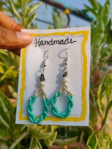 Handmade Sky blue &amp; white Beaded Dangle Earrings