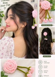 Crochet Pink Rose Hair Clip💗