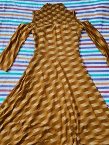 Mustard Pleated Cold Shoulder Midi Dress