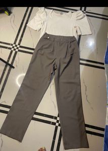 Chic White Puff Sleeve Top &amp; Grey Trousers Set