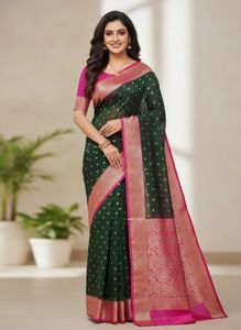 Elegant Green & Pink Saree with Gold Dots