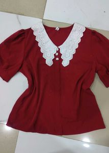 Chic Red Lace Collar Top