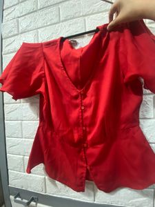 Chic Red Button-Up V-Neck Top