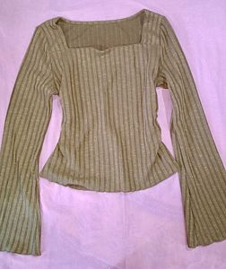 Olive Green Ribbed Bell Sleeve Top(savanna)