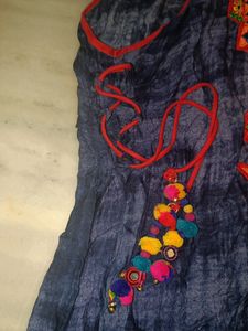 A-line Long Embroidered Kurta With Pompom Latkn