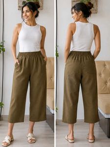 Olive Green Cropped Wide-Leg Pants