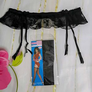 (854)Black Lace Lingerie Garter Belt & Stockings