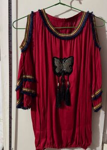 Red Cold Shoulder Top with Butterfly Embellishment