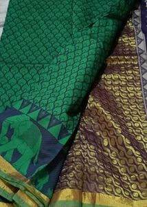 Elegant Green Saree with Elephant Motif