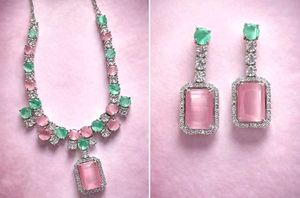 AD Stunning Pink & Green Gemstone Jewelry Set