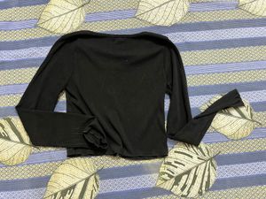 Black Ribbed Button-Up Long Sleeve Top