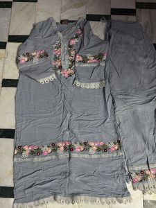 Embroidered Grey Kurta with Pants Set