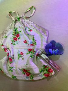Floral Halter Neck Top with Lace Trim