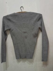 Grey Ribbed Button Detail Sweater