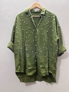 Chic Pearl Embellished Oversized Shirt