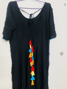 Black Flair Kurtha With Multi Clr Pom Po