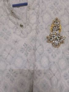 Elegant Chikankari Printed Kurta with Brooch