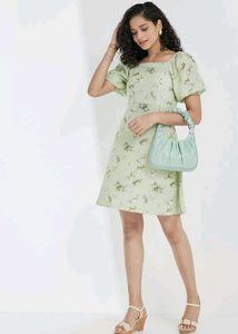 Light Green Floral Puff Sleeve Dress