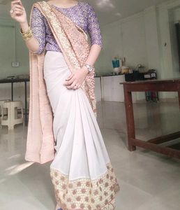 Elegant Grey &amp; Peach Saree with Embellishments