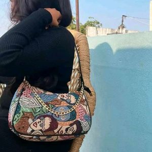 Unique Tapestry Hobo Bag with Gold Chain