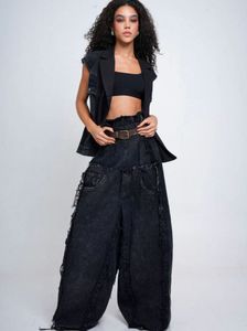 Edgy Black Wide-Leg Jeans with Fringe Detail