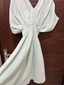 Light Green V-Neck Smocked Waist Dress
