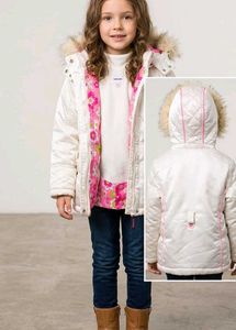 Girls' White Puffer Jacket with Pink Trim