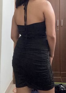 elegant Black Ruched Bodycon Halter Mini Dress
