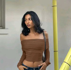 Brown Off-Shoulder Long Sleeve Top